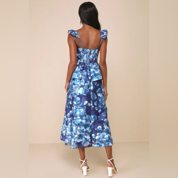 Lulu’s Memorable Poise Blue Floral Ruffled Bustier Midi Dress - Picture 2 of 5